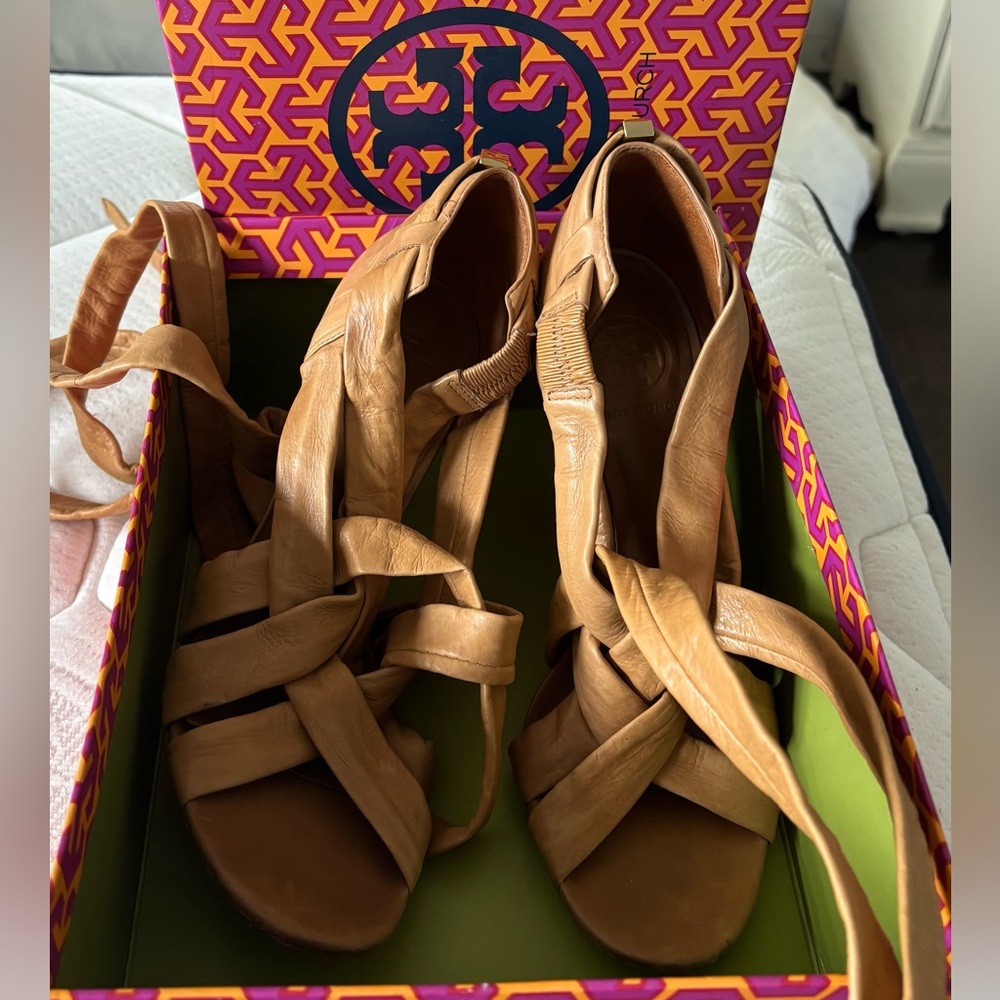 Tory Burch Brown Leather Lounge Baby Wrap Up Strappy Heels Women's Sandals